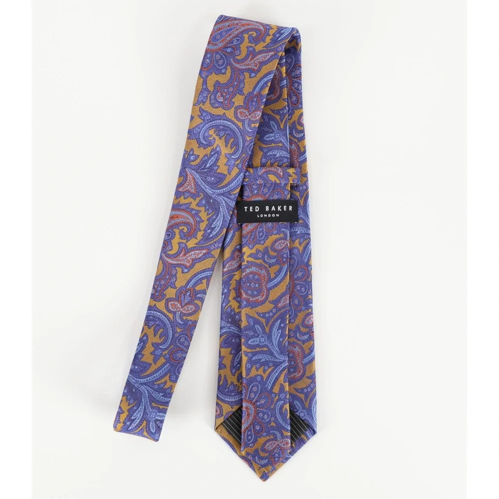 Ted Baker Paisley Necktie Tie Blue Gold Orange Silk Blend Preppy Formal